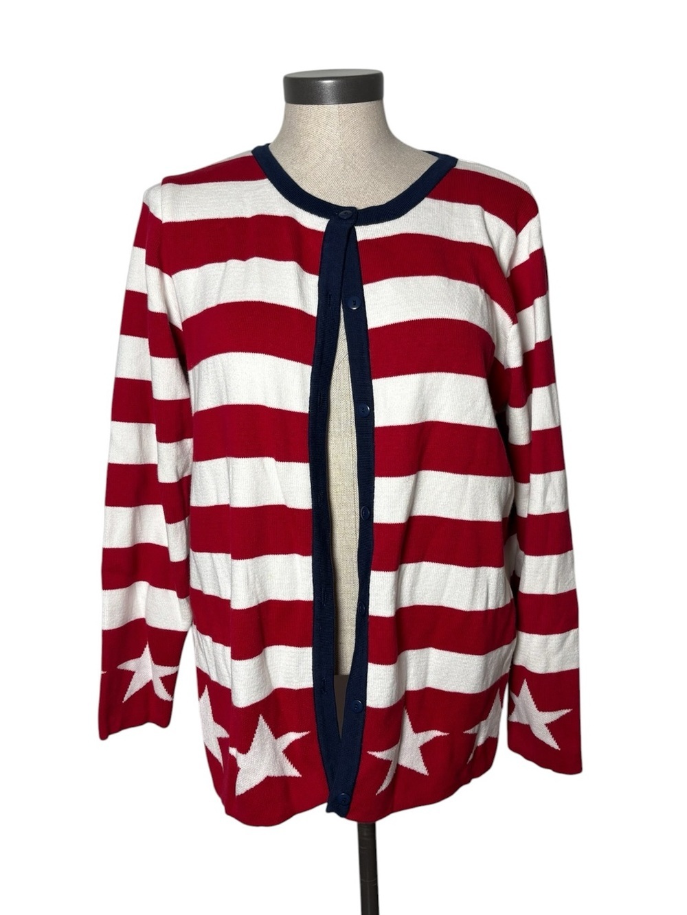 Susan Graver USA Flag Cardigan Sweater Small Red White Blue Stars Striped Cotton